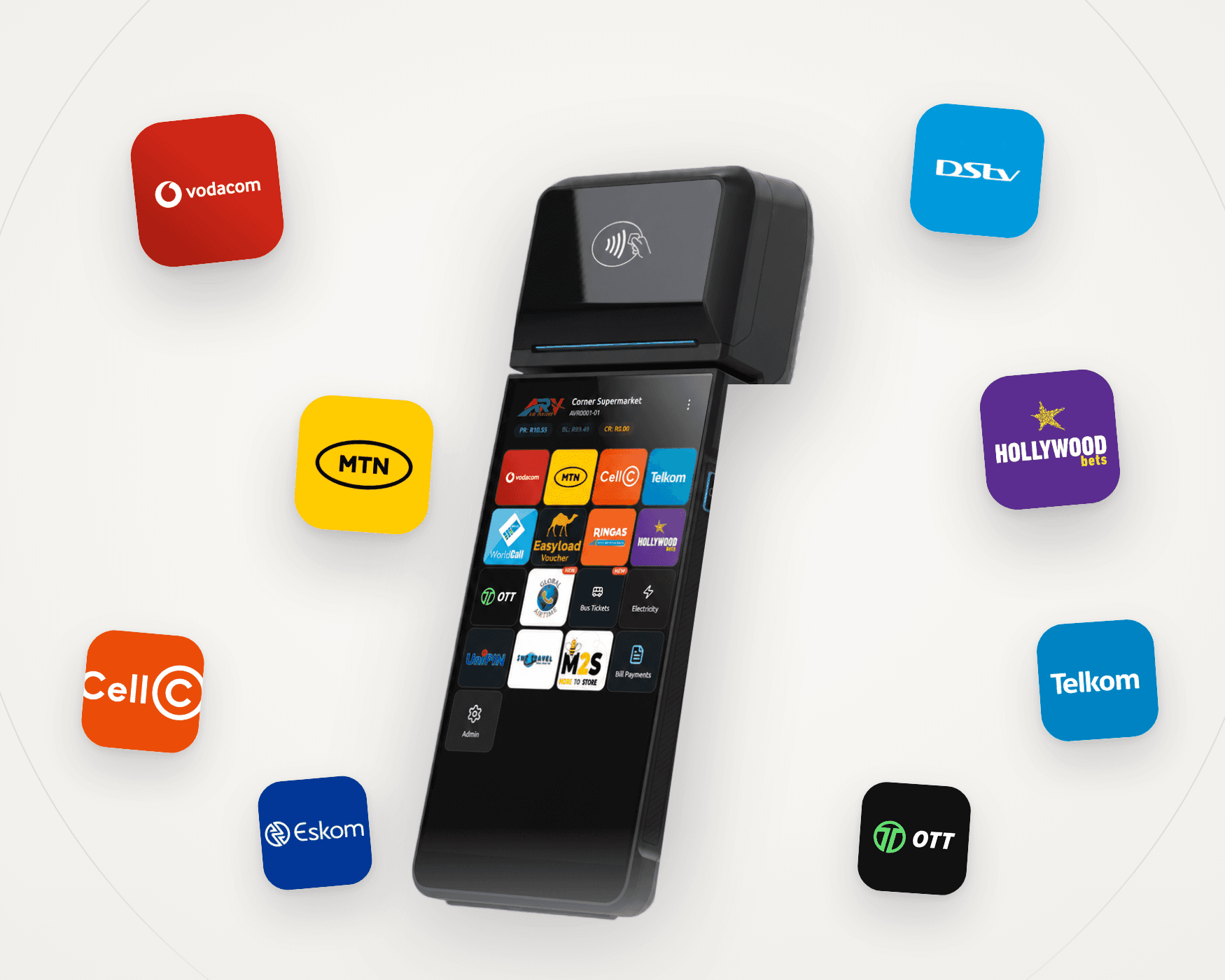 AirVoucher terminal surrounded by floating voucher tiles